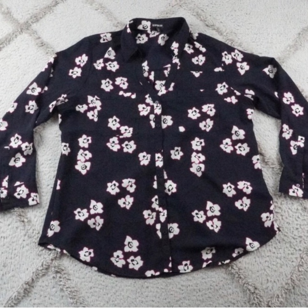 Express Dark Blue Shirt with Pink and White Floral Design